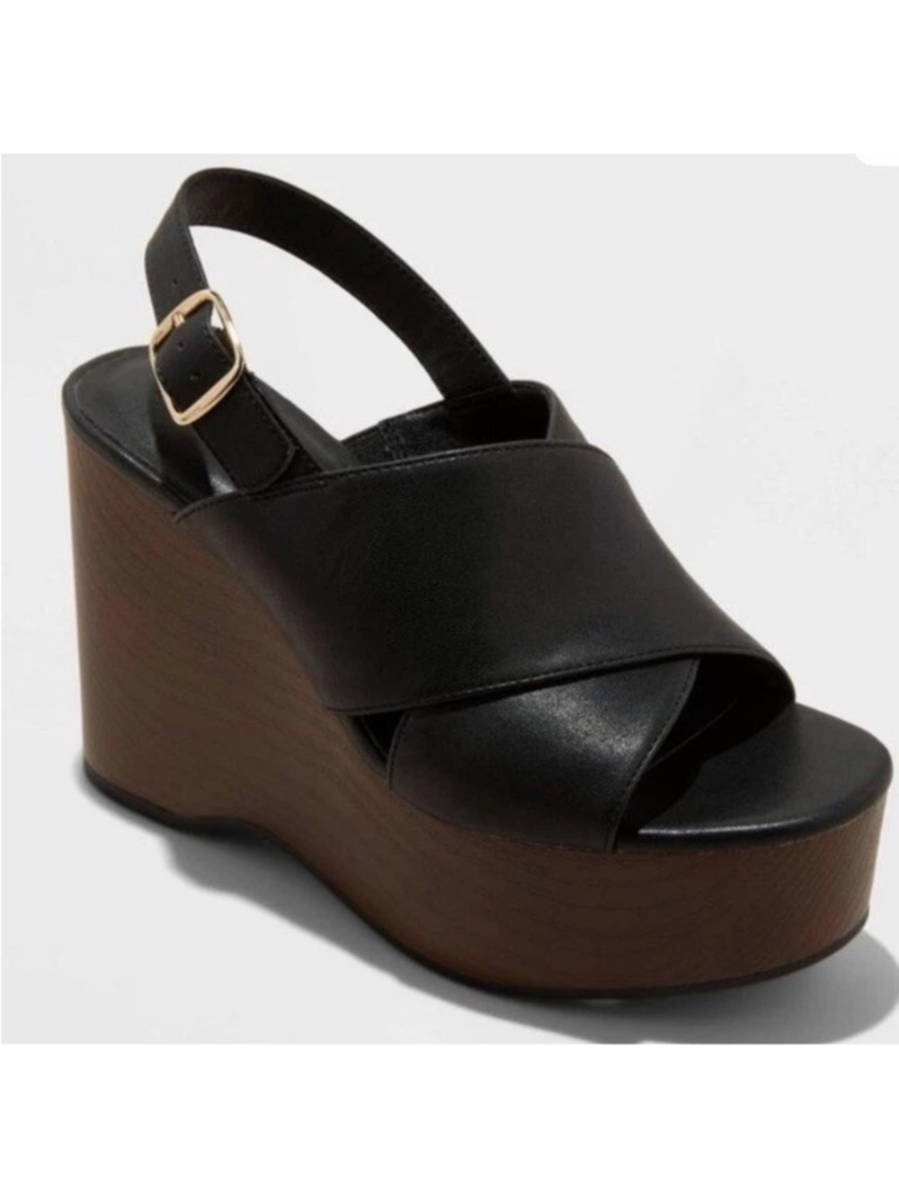 Black Platform Wedge Sandal with Brown Wood-Look Sole